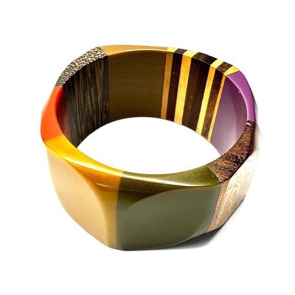 Vintage 1970s Lucite & Wood Bangles — Handcrafted Geometric Bracelets — EUC - Picture 6 of 16